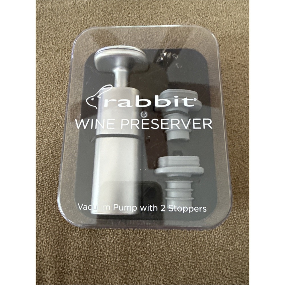 NIB Rabbit Wine Preserver Silver Vacuum Pump With 2 Stoppers (TD)